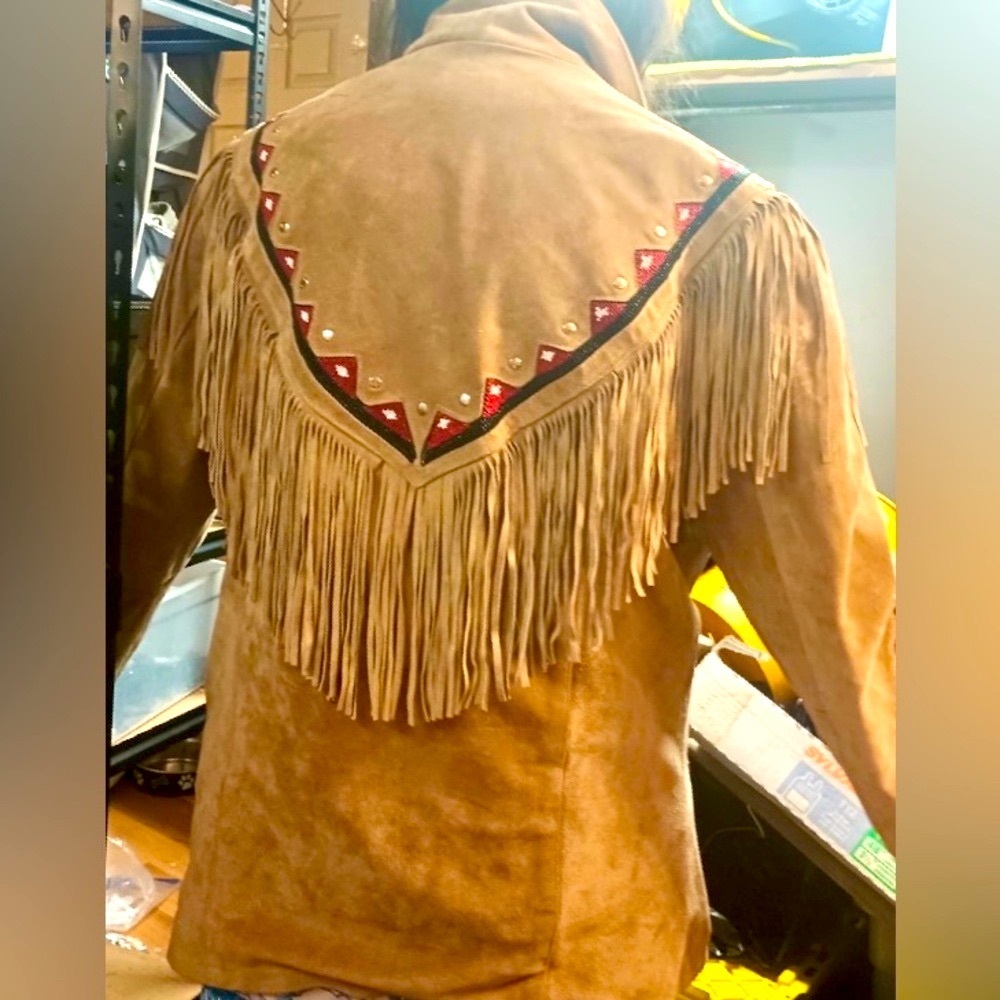 Fringed Suede Heavy Jacket with Red &Black Beadwork Accents, Size xL
